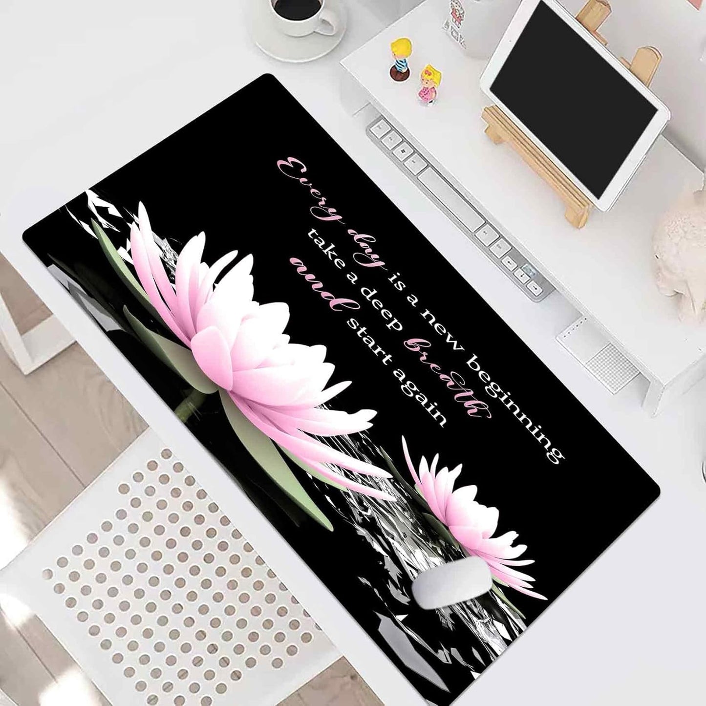 LB Pink Water Lily Flower Inspirational Large Mouse Pad with Motivational Quotes, Non-Slip Rubber Base Black White Aesthetic Desk Pad for Home, Office, Gaming Mouse Mat, 15.75" x 31.5"