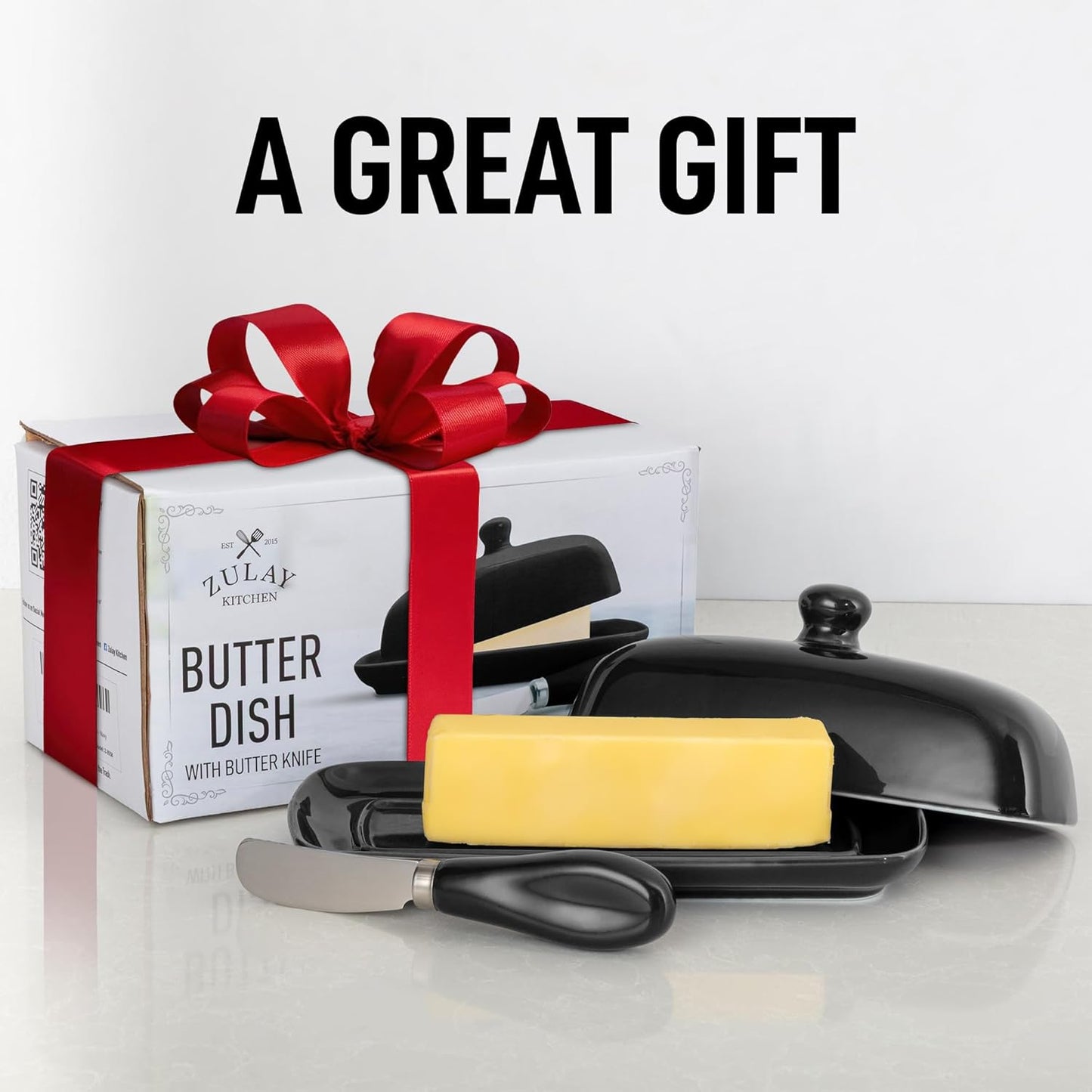 Zulay Kitchen Butter Dish With Lid For Countertop - Porcelain White, Ceramic Butter Dish with Knob Handle Great for Cooking - Elegant Design Butter Holder - Durable & Sturdy Butter Keeper - Black