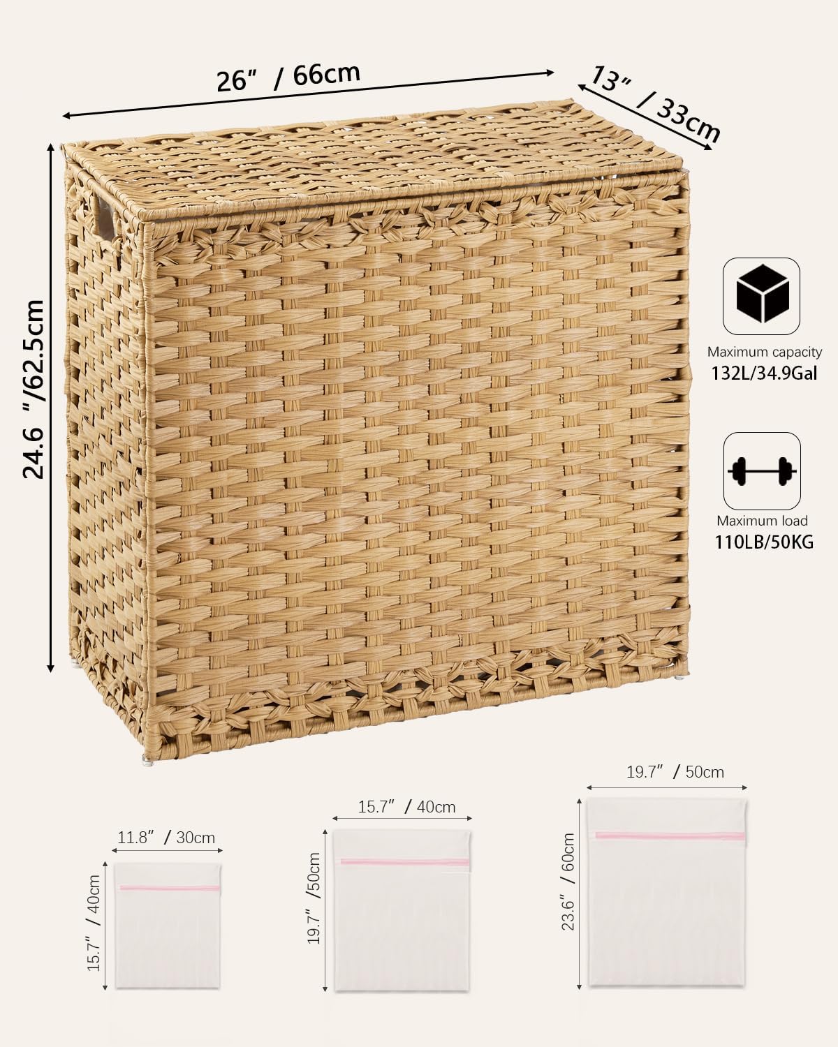 Laundry Hamper with Lid Laundry Basket 132 L (35 Gal) Wicker Clothes Hamper, Handwoven Rattan Hamper with Handles and 4 Removable Liner Bags, 6 Mesh Bags for Laundry Bedroom Natural