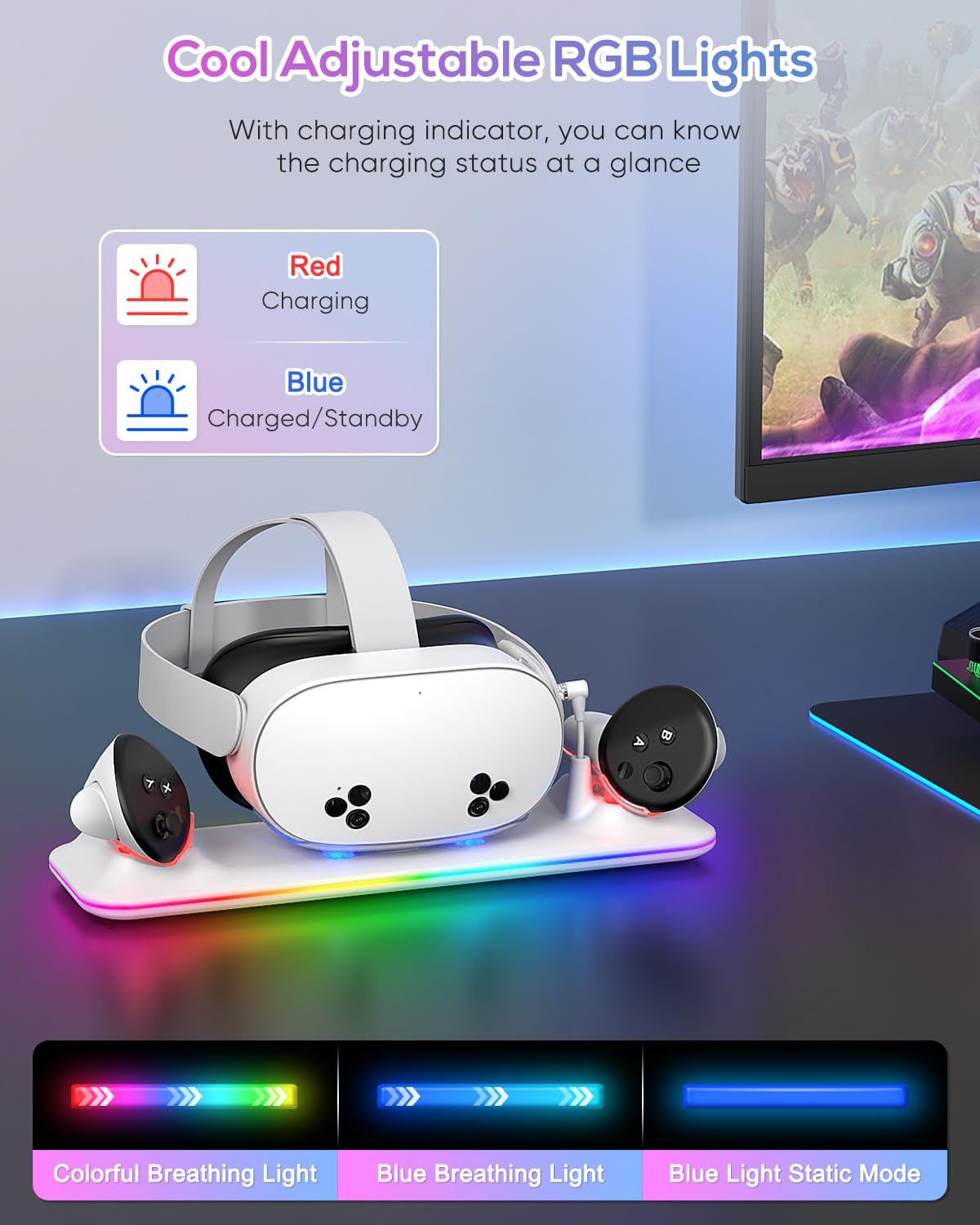 Charging Dock for Meta Quest 3S/3, Kinwin PD 18W Fast Charging Station for Oculus 3S Accessories with RGB Light, Magnetic Charger Stand for Headset/Controller with 2 Rechargeable Batteries-Black