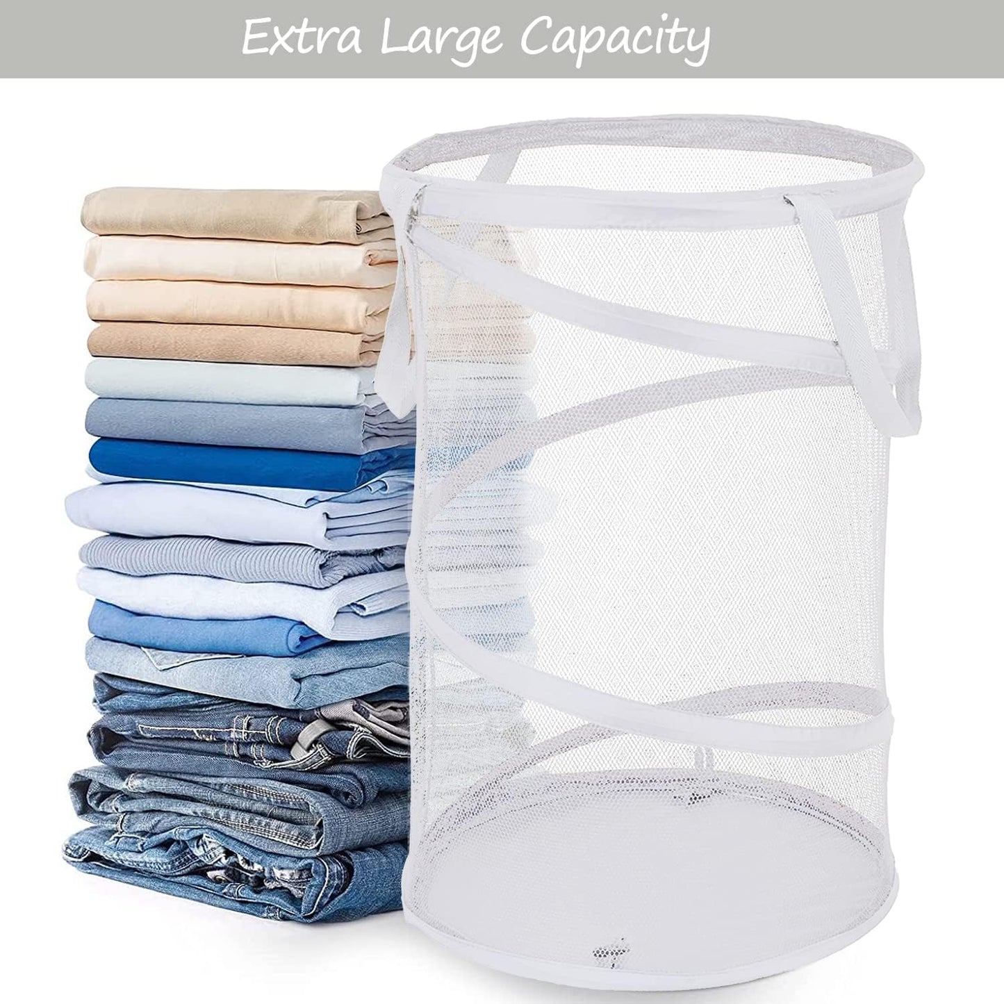 BATTOO 2 Pack Large Collapsible Laundry Basket Foldable Mesh Pop Up Hamper with Handles for Laundry Room, Bathroom, Kids Room, College Dorm, Travel, Storage Organizer Black+White