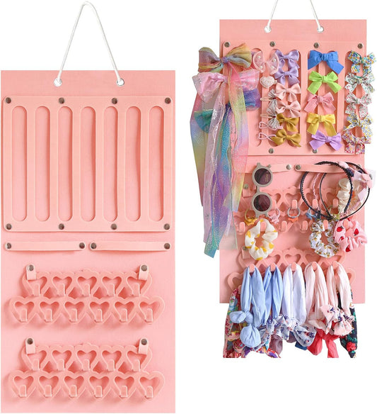 Hanging Jewelry Organizer for Girls Storage Holder Display Board Felt Wall with Detachable hooks Headband Holder Hair Clips Hair Ties Earrings Necklace Hair Clips Home Decor Pink