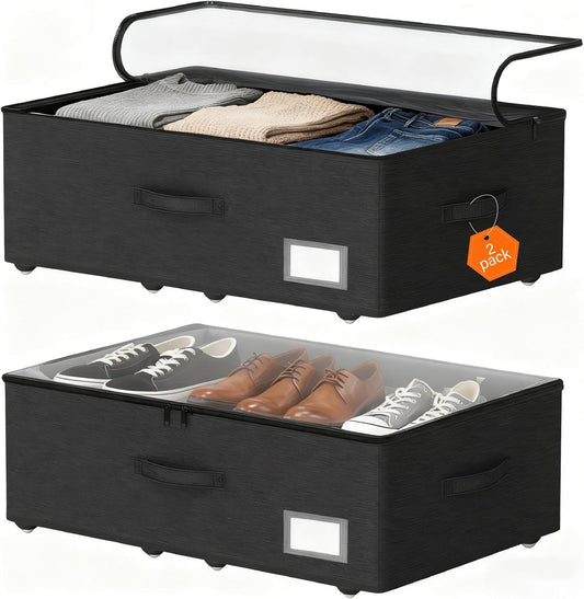 Under Bed Storage with Wheels, 2-Pack Under Bed Storage Containers, No Assemble Required 10 inches Height, Rolling underbed storage Drawers, Underbed Storage Bins for Shoes, Clothes, Blankets, Toys