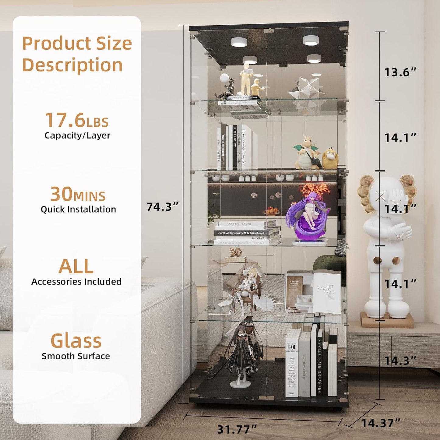 Beauty4U Glass Display Cabinet with LED Lights and Mirror, 5 Shelves with 2 Doors, Curio Cabinets for Living Room, Bedroom, Office, Black Floor Standing Glass Bookshelf, Quick Installation