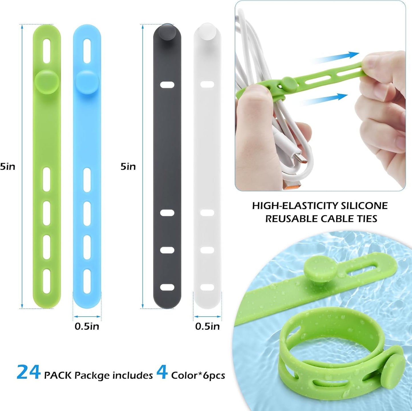 24 Pcs Silicone Cable Ties, Wire Cord Organizer, Cord Ties Reusable Cable Organizer 5Inch Cable Management Tie (4 Color) Cbfoeyk