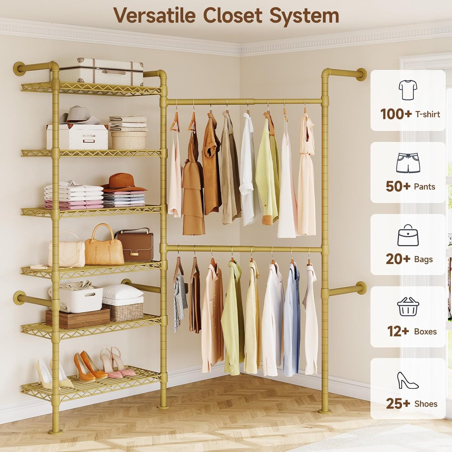 L2 Wall Mounted Closet System, Industrial Pipe Clothing Rack Clothes Racks with 2 Telescopic Rod & 6 Shelves, Heavy Duty Closet Organizers System in Wardrobe Closet, Gold