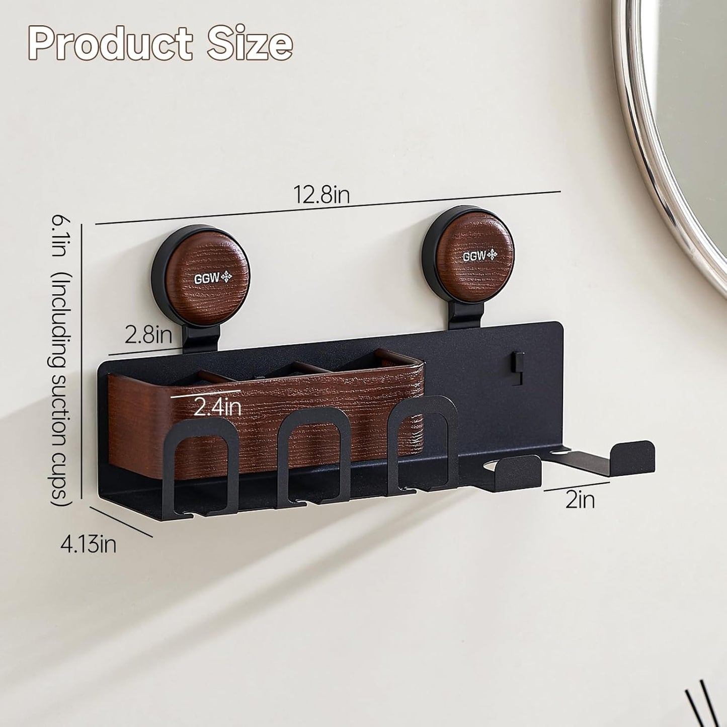 Hair Dryer Holder Wall Mount with Suction Cup, No-Drill Metal Blow Dryer Holder, Hair Accessories Tools Organizer Rack with 3 Toothbrush Hanger & Shelf, Walnut Finish for Bathroom