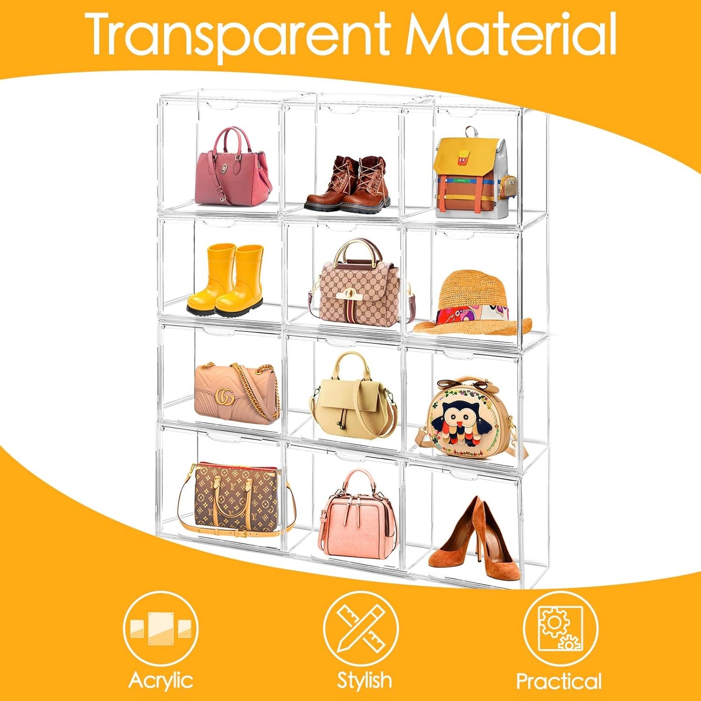 3Pack Purse Organizer for Closet Clear Acrylic Display Case Handbag Storage Organizer Box with Magnetic Door Stackable Storage Bins with Dustproof Lid for Book Toys Shoes Cosmetic Collectibles