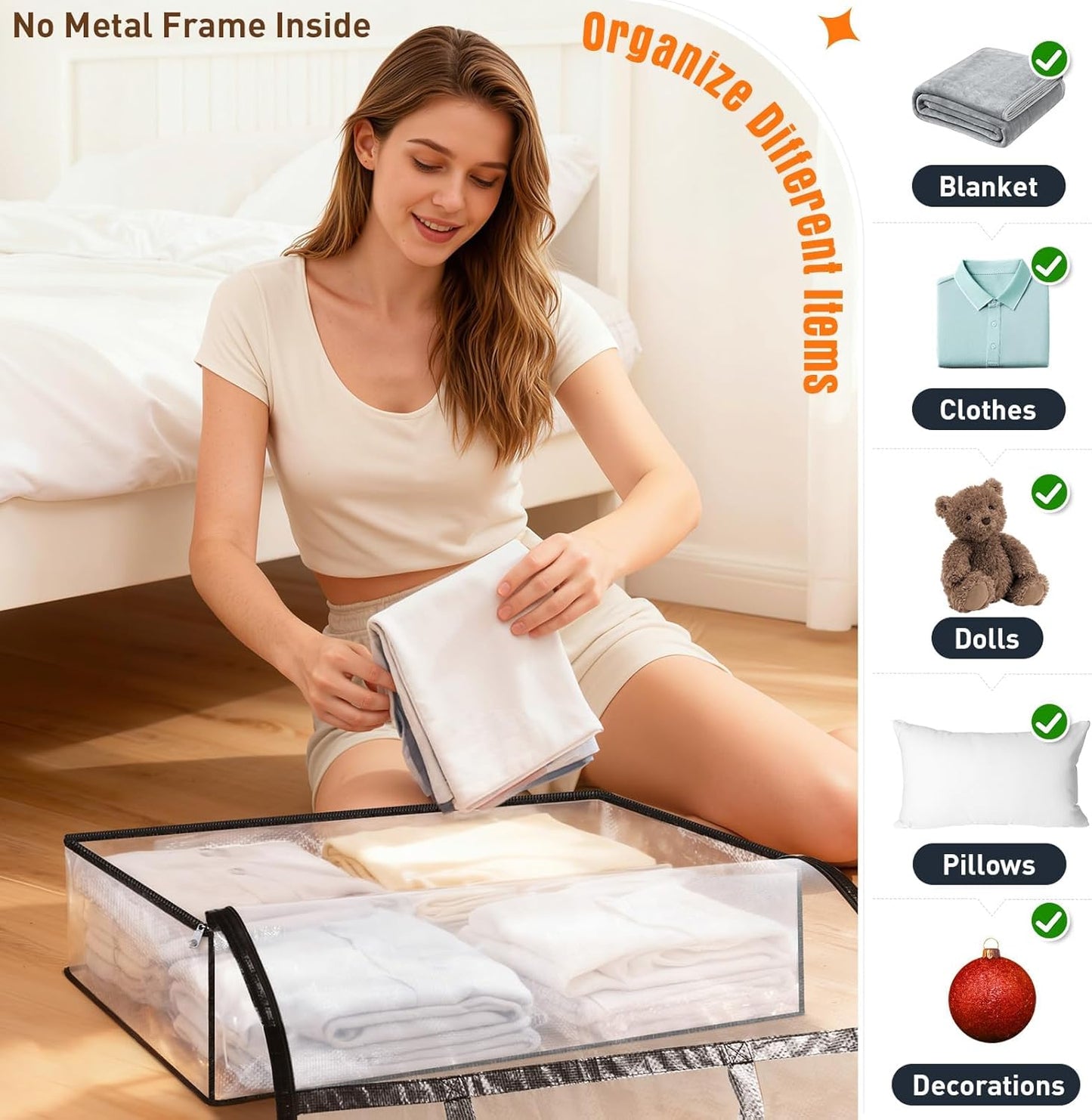 Clear Under Bed Storage Containers - 6 Pack Large Capacity Clothes Storage Bags with Lid & Sturdy Handles, Foldable Moving Bags, Clothing Organizer Totes for Bedding, Comforter, Sheet（60 L）