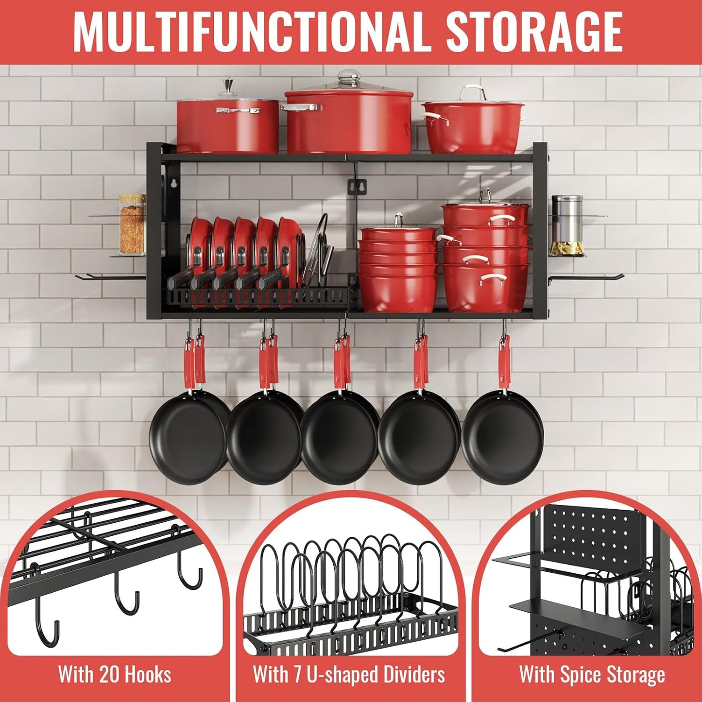 31 Inch Pot Rack Wall Mounted, 2-Tier Pots and Pans Hanging Organizer with 20 Hooks & Pan Organizer and Spice Rack, Heavy Duty Hanging Pot Hanger for Kitchen Cookware, Utensils, Black