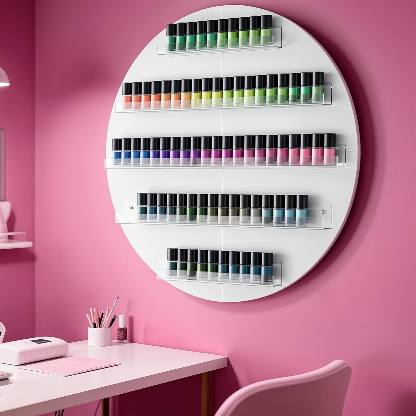 Wall Mount Nail Polish Organizer, 2 Packs Wood Nail Polish Rack w/Acrylic Barrier, 5-Tier Round Storage & Display Shelf, Perfume Essential Oil Bottles Holder, White