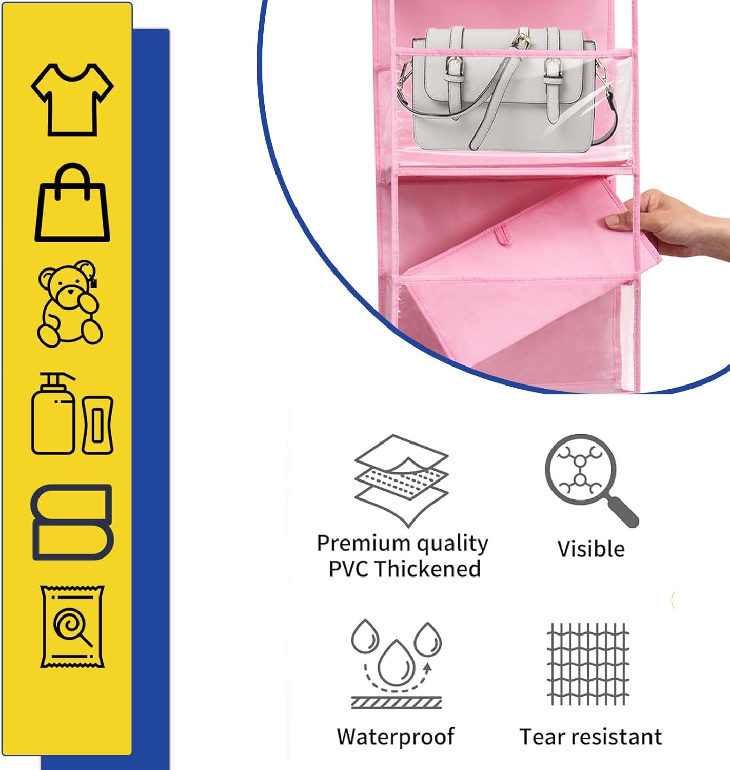2 Packs Over The Door Organizer - 6-Shelf Hanging Storage Organizer with Clear Plastic Pockets - Large Capacity Pantry Storage Shelf for Bathroom, Bedroom, Nursery (Pink)