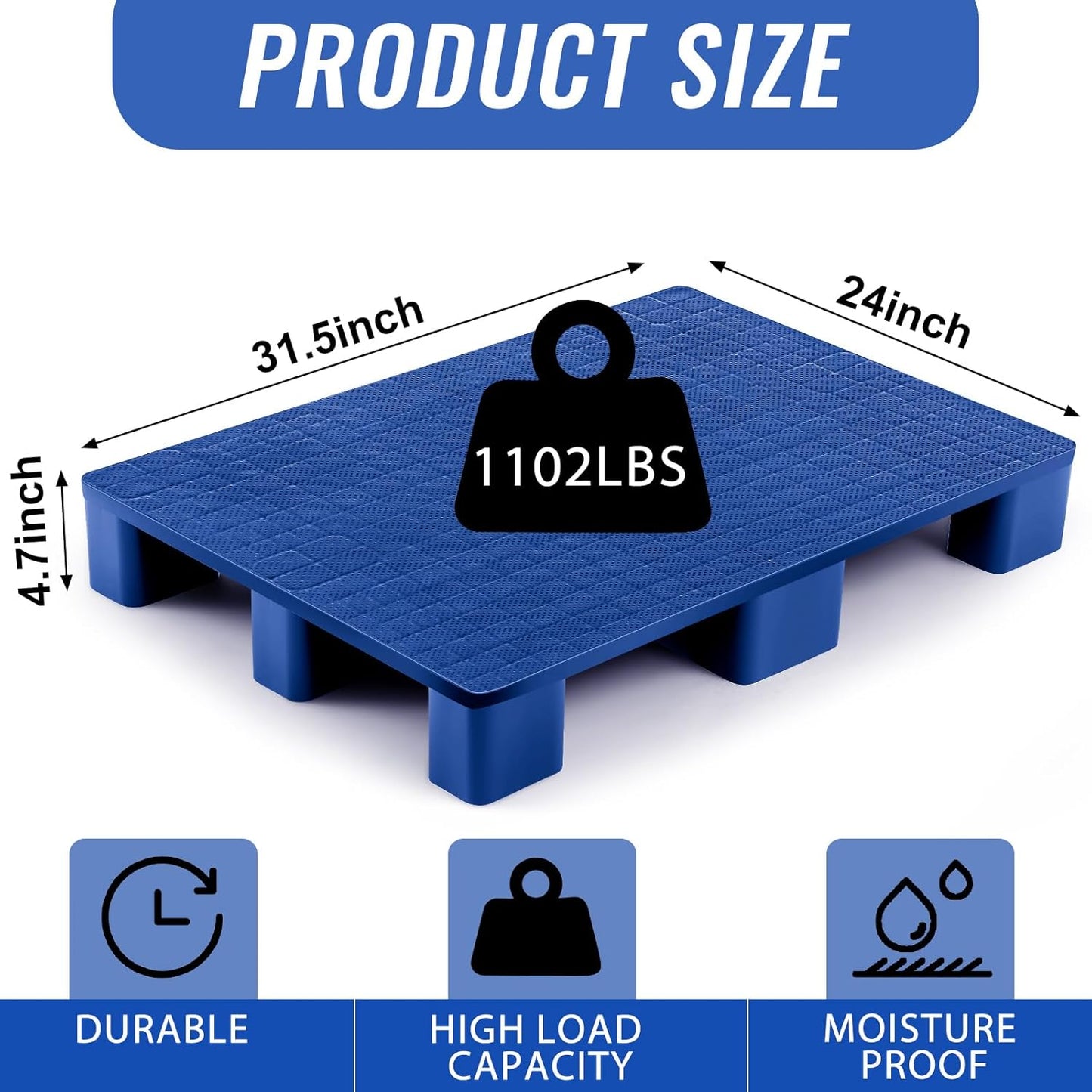 2 Pcs Plastic Pallet for Basement Storage Easy Stack Lightweight Floor Pallet Display Flooring Room Supermarket Christmas, Support up to 2000 Lbs (31.5'' L X 24'' W X 4.7'' H,Blue)