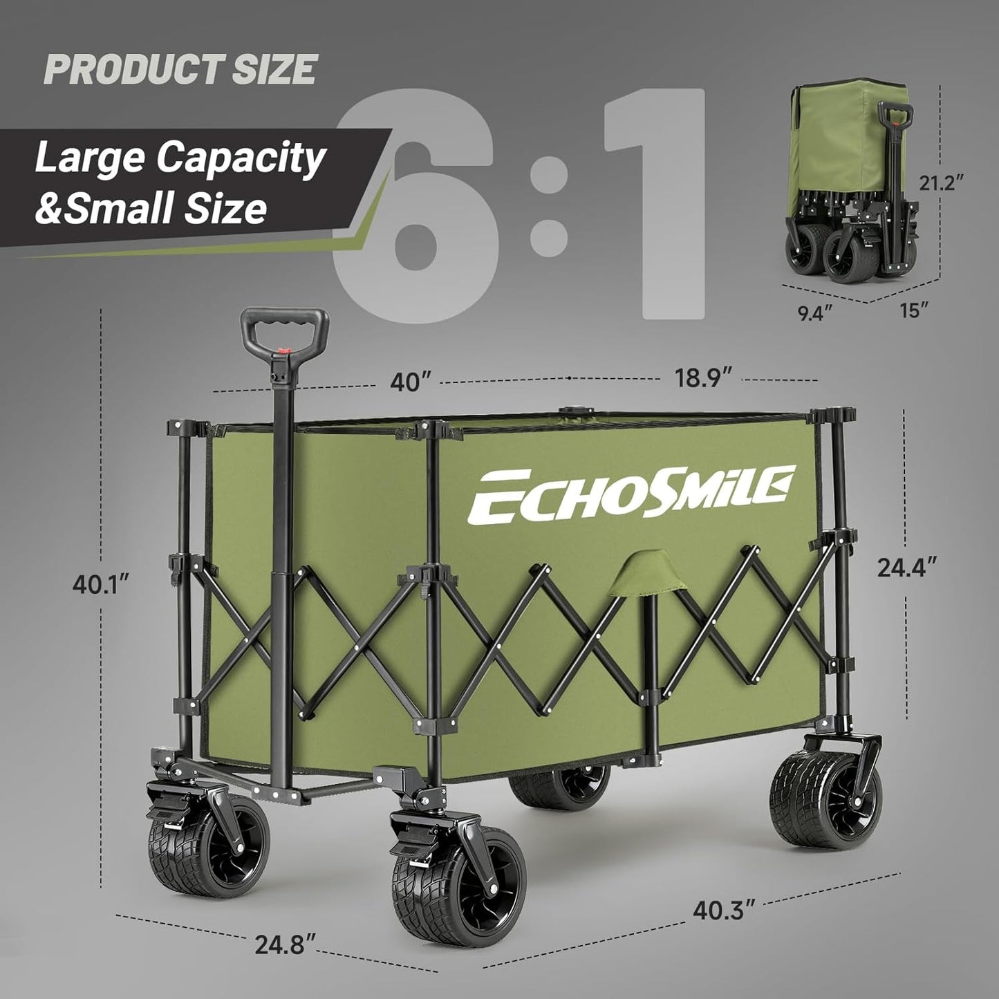 EchoSmile Collapsible Foldable Extended Wagon with 500lbs Weight Capacity, 300L Folding Utility Wagon Cart with Big All-Terrain Wheels for Beach,Sport,Gargen&Grocery,Green