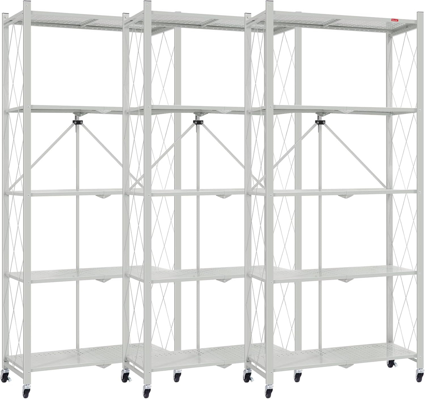 DEANIC 5 Tier Foldable Storage Shelves with Wheels, Large Capacity Shelving Unit, Freestanding Metal Wire Shelf Rack, No Assembly Organizer Rack for Garage Kitchen, Basement, Pantry(Grey Pack of 3)