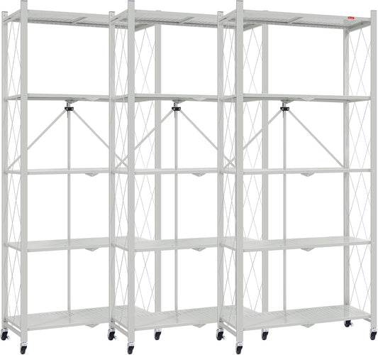 DEANIC 5 Tier Foldable Storage Shelves with Wheels, Large Capacity Shelving Unit, Freestanding Metal Wire Shelf Rack, No Assembly Organizer Rack for Garage Kitchen, Basement, Pantry(Grey Pack of 3)
