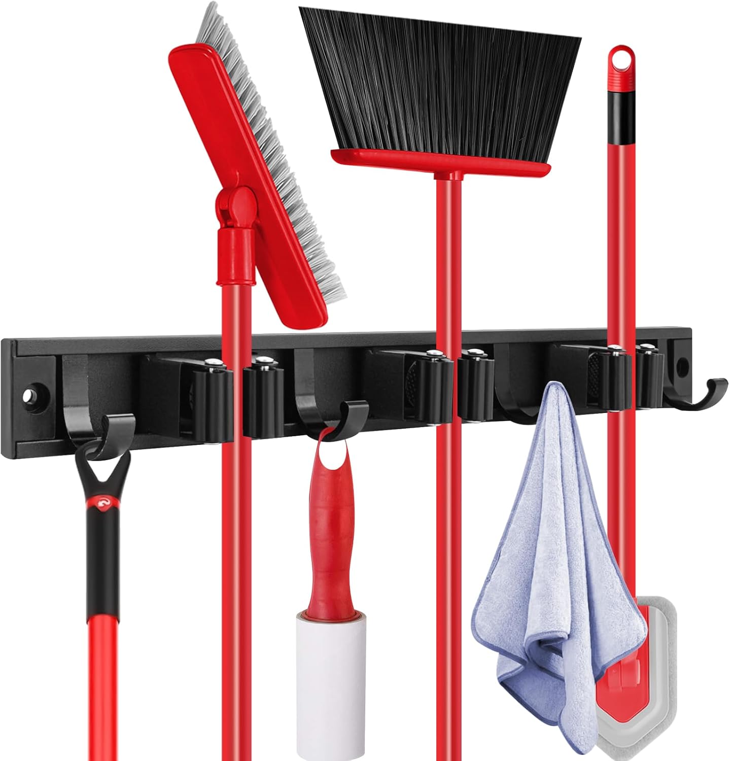 SLIIMU Movable 15'' Broom and Mop Holder Wall Mount with Sliding 3 Racks 4 Hooks, Storage Organizer Wall Hanger, Cleaning Tool Hanging Grippers for Kitchen Bathroom Garden Garage Laundry Home Closet