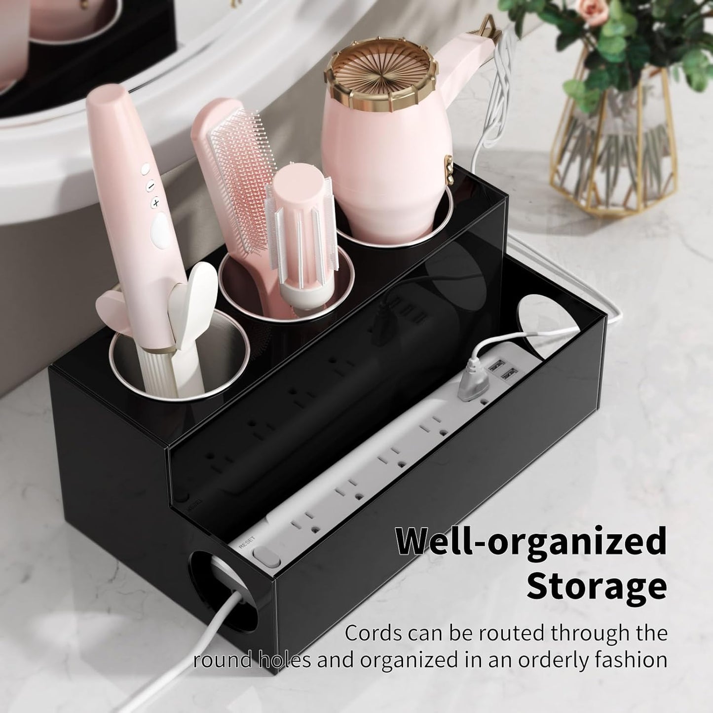 NIUBEE Hair Tool Organizer, Black Acrylic Hair Dryer and Styling Holder, Bathroom Countertop Blow Dryer Holder, Vanity Caddy Storage Stand for Accessories, Makeup, Toiletries