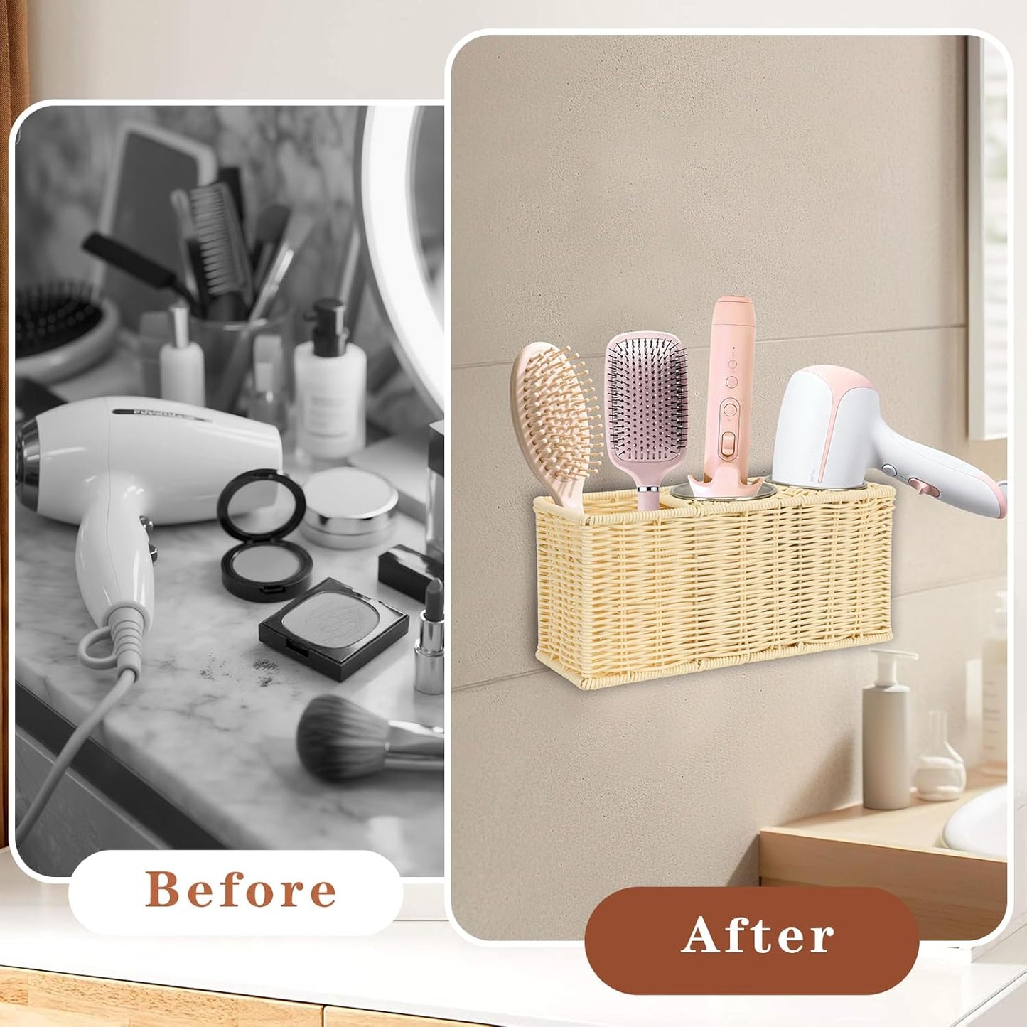 Hair Tool Organizer,Wall Mount Curling Iron Holder,Waterproof Wicker Hot Tools Organizer for Hair Dryer,Flat Irons,Curling Wands,Straighteners Storage,in Cabinet,Bathroom,Vanity (Nature)