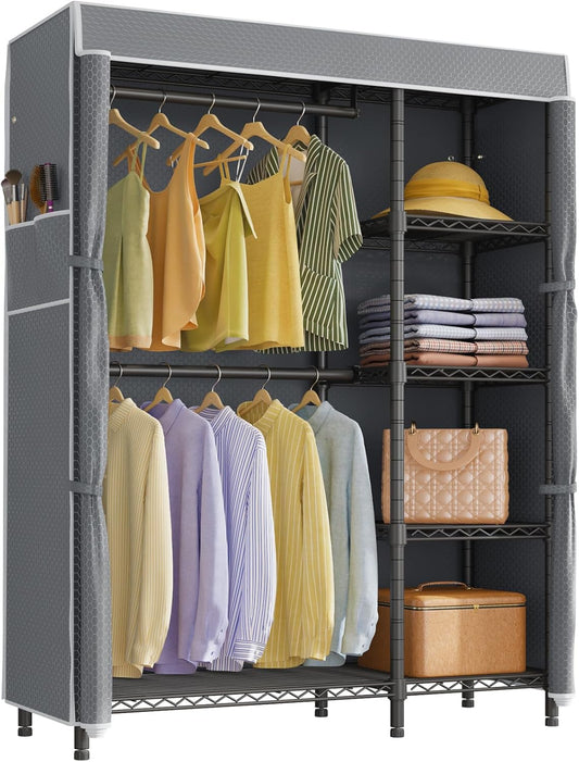 VIPEK V7C Garment Racks with Cover Portable Closets for Hanging Clothes, Heavy Duty Clothes Rack with Shelves Metal Closet Wardrobe, Max 670lbs, Black Rack with Grey Upgraded Polyester Cover