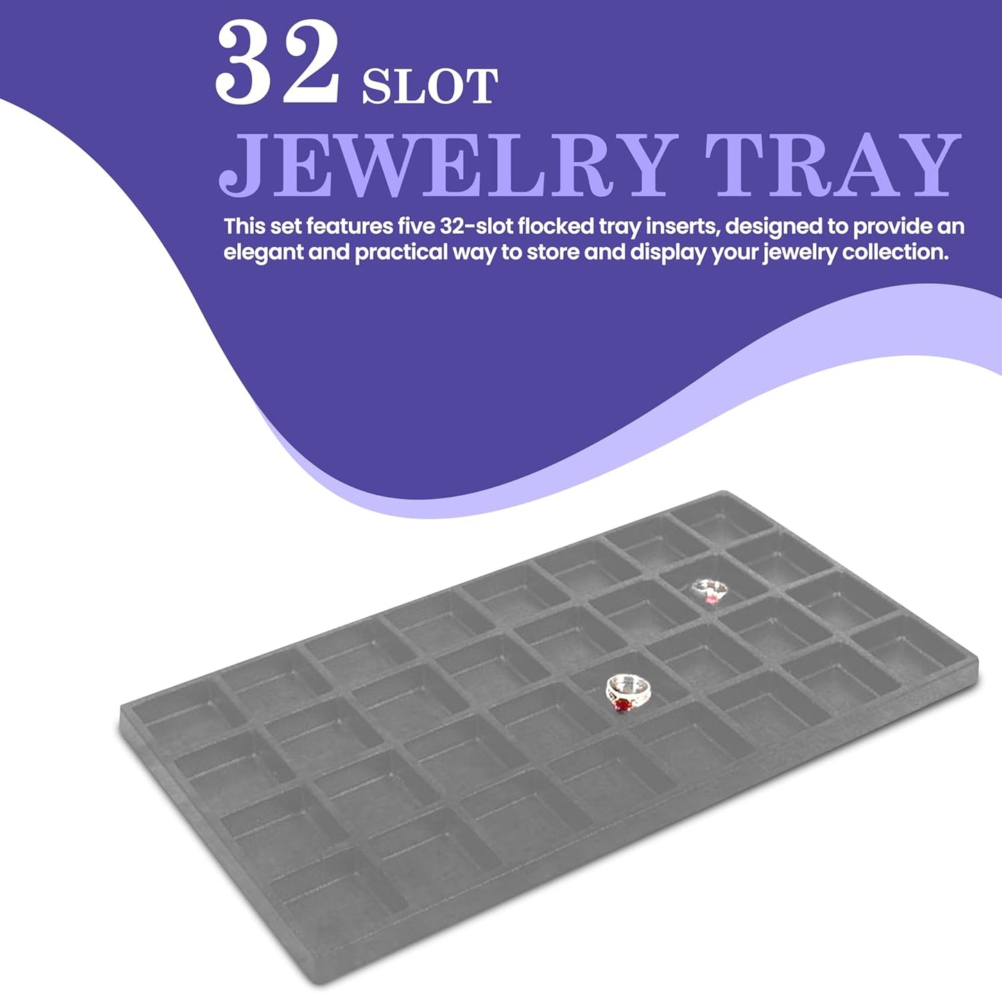 Novel Box 5 Pack 32-Slot Gray Liner Jewelry Storage Tray Inserts 14.75x8.25x1 Inches - Jewelry Organizer Pad for Drawers & Store Displays - Jewelry Display Pads for Rings Earrings & Pendants