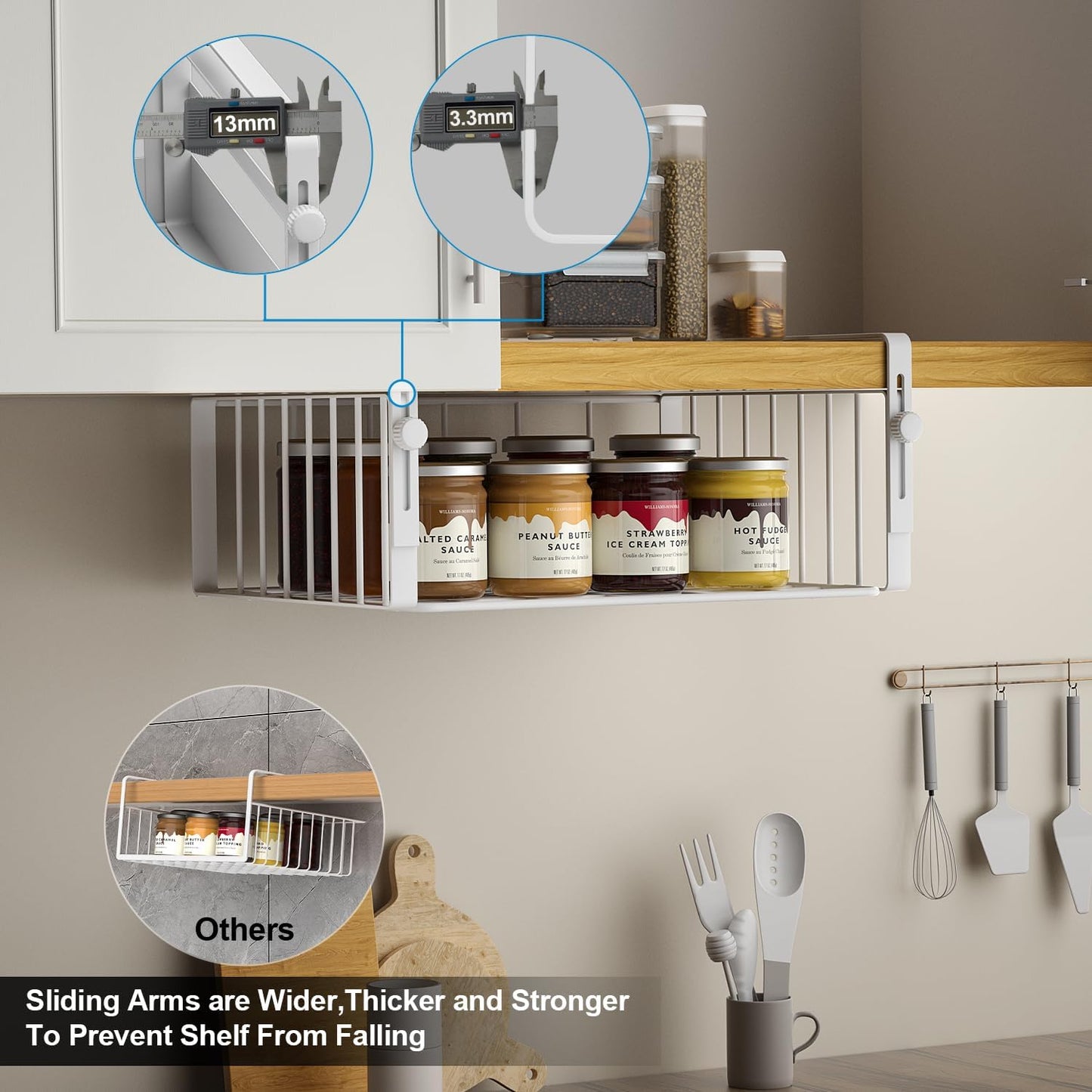 2Pack Under Shelf Basket Organizer,Adjustable Hanging Holder Storage for Cabinet Pantry Kitchen Cupboard Desk Counter Bookshelf Organization Add-on Space Saver Heavy Duty Slide-in,White