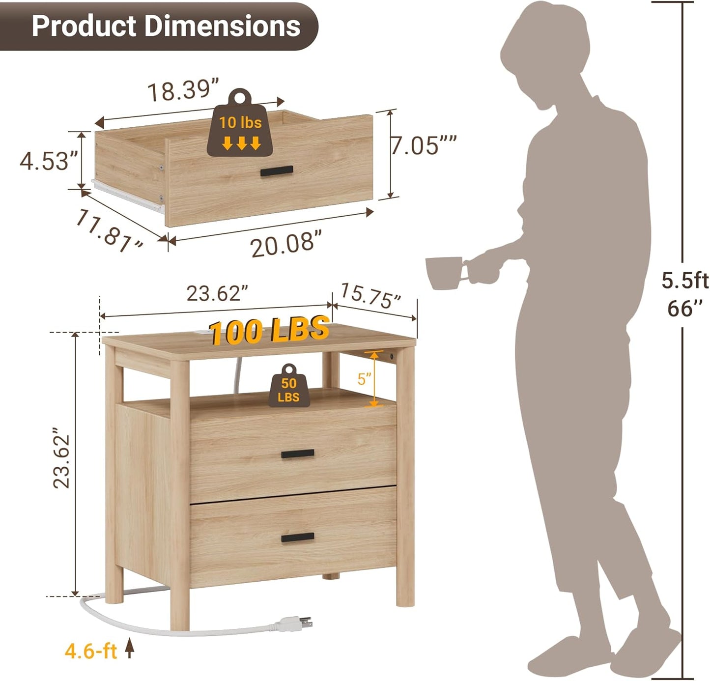 Night Stand Set of 2 with Charging Station, 24" Large Modern Side Table with Solid Round Post Legs, 2 Drawers End Table with Open Shelf, Nightstand for Bedroom, Natural Oak