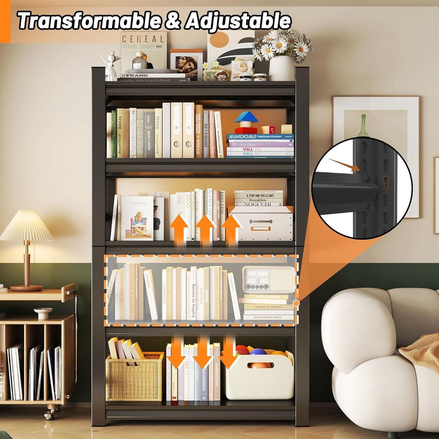 Garage Storage Shelves,5 Tier Shelving Unit, 40 inch Wide, 18” Deep, 78” Tall Organizer Metal Shelf for Basement/Laundry/Pantry Heavy Duty, Adjustable,Easy to Install (5Tier-47"Wx24"Dx72"H with Fence)