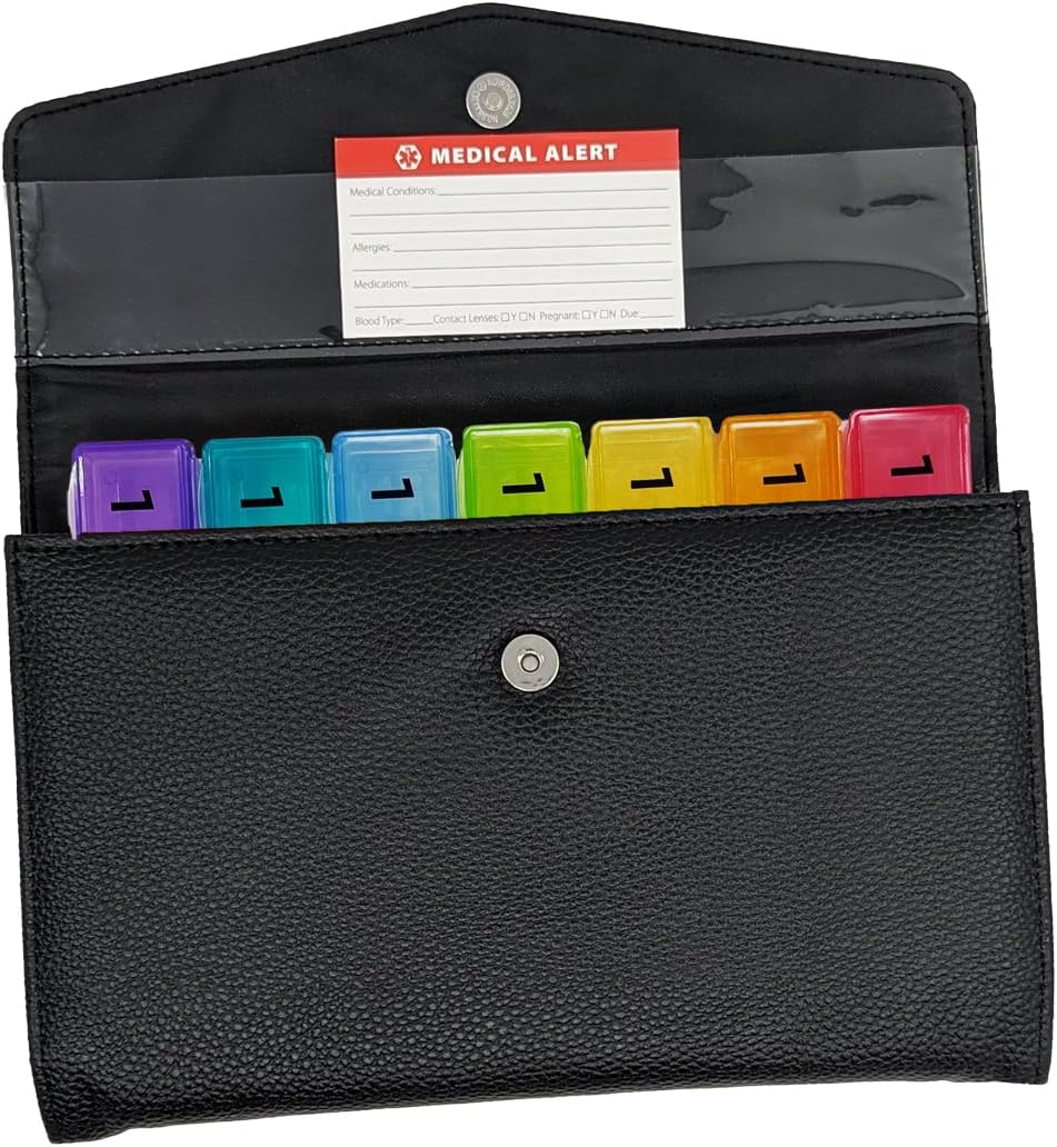 5 Times a Day Weekly Pill Box with Medication Wallet, Easy Secure Magnetic Closure, 5X Pillbox with Medication Schedule and Medical Alert Card (5 Time-a-Day Wallet)