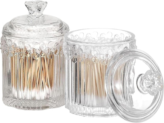 Qtip Cotton Ball Hair Ties Candy Holder Makeup Storage Bathroom Accessories Organizer Thick Glass Apothecary Jars with Lid, 2pcs (Clear)