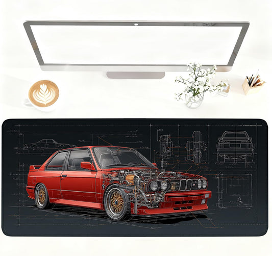 Retro Car Blueprint Mouse Pad – Large Extended Desk Mat 35.43 x 15.75 in – Classic Red Tuner Car Cutaway with Engine Diagram, Waterproof Surface, Non-Slip Rubber Base, Keyboard & Mouse Pad