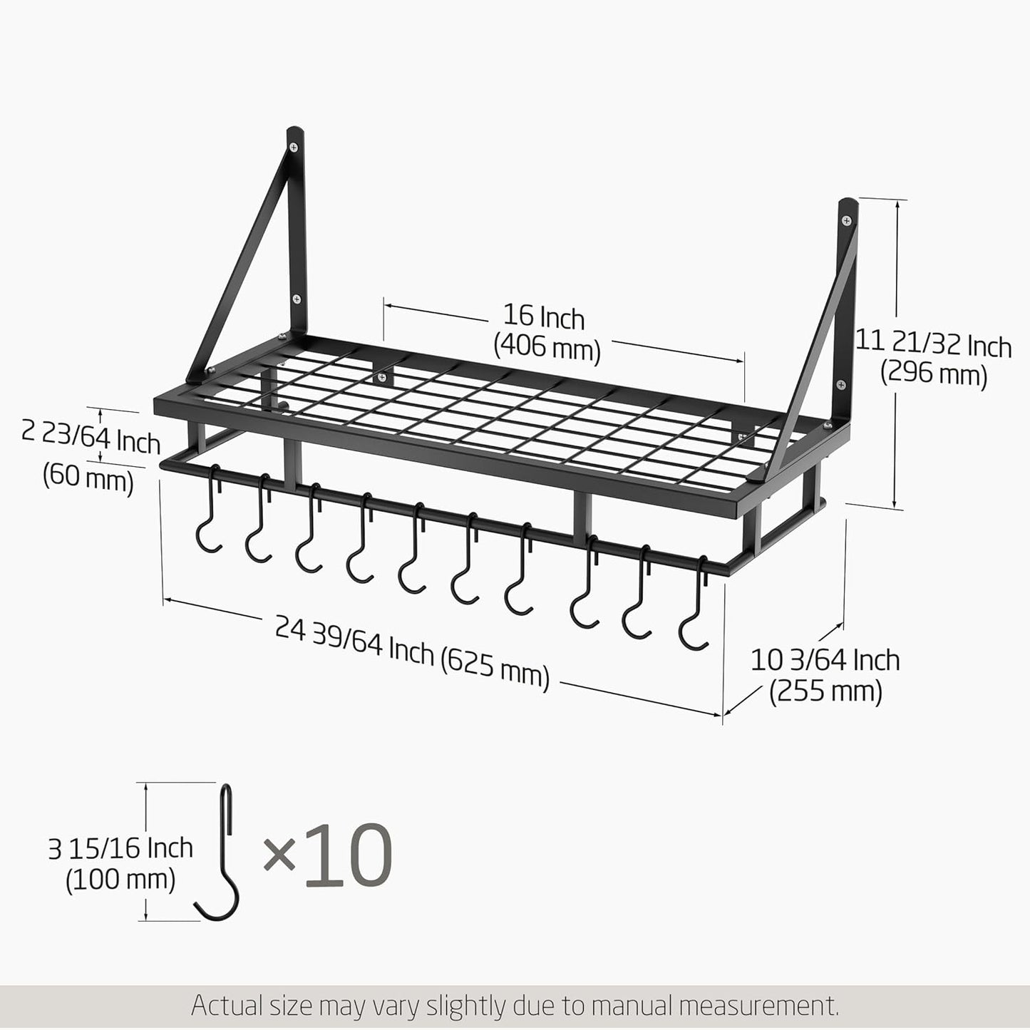 KES 24 Inch Kitchen Pot Pan Rack Wall Mounted Hanging Storage Organizer Wall Shelf With Hooks Matte Black, KUR215S60-BK