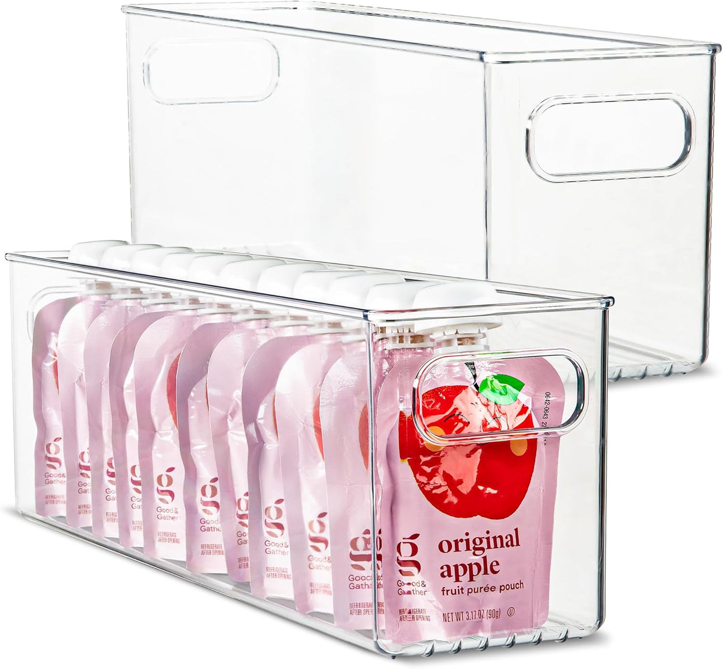primebox Plastic Food Storage 2 Pack Clear Container Bin with Handles for Organizing Kitchen, Pantry, Refrigerator, Freezer, Pantry, Cabinet, Closet, Bathroom. 16”x4”x5”