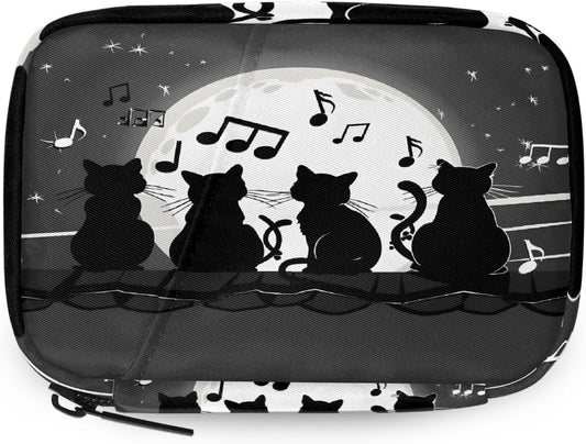 Moon Cat Music Note Pattern Pill Organizer Travel Medicine Case with Zipper Daily Vitamin Storage Bag Portable 8 Slot Weekly Pill Box Supplement Holder for Home Office Gym Travel