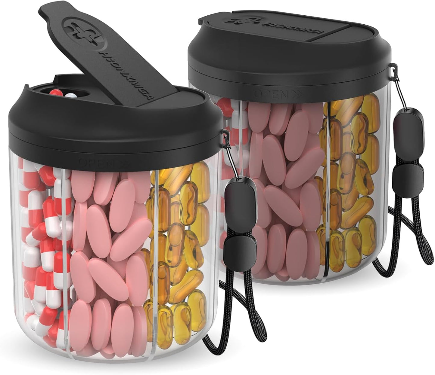 Pill Dispenser with 7 Large Compartments, Pill Bottle Organizer for Travel,Supplement Organizer with Anti-Mixing Design,BPA-Free Pill Container with 20 Pcs Labels,Black 2Pcs