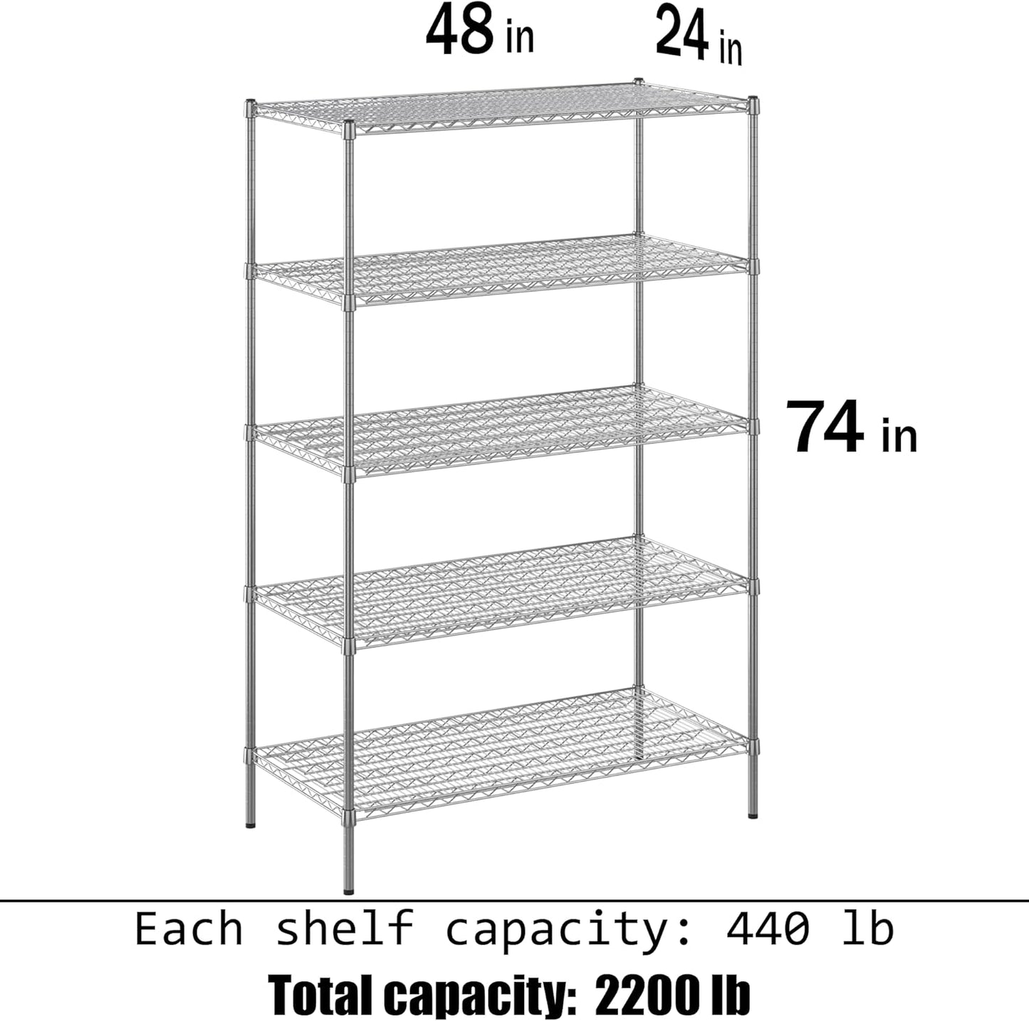 24" Deep x 48" Wide x 74" Height Wire Shelving Kit | 5-Tier | NSF Commercial Storage Rack Unit