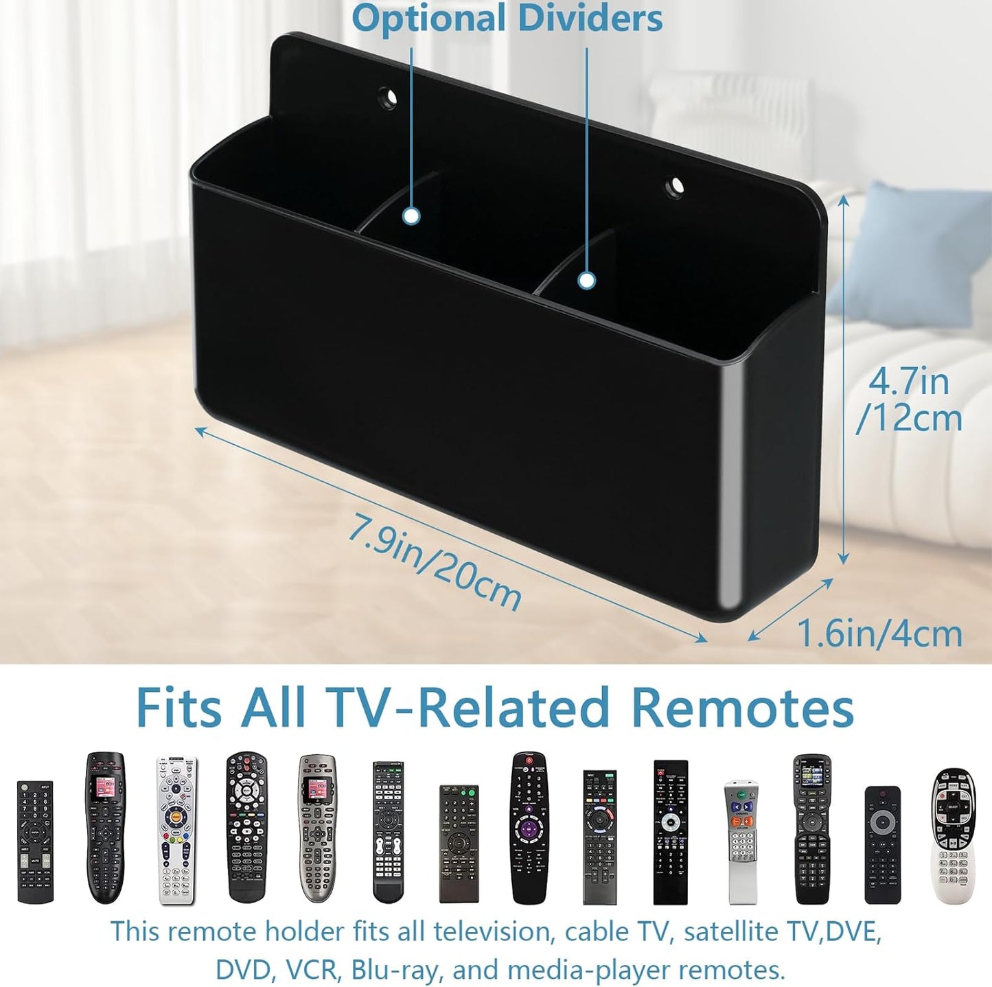 3 Slot Adjustable Remote Control Holder Wall Mount, TV Remote Box Hollow Bottom Slot Easy Phone Charging, Self Adhesive Remote Holder,Wall Pen Holder Storage Accessories for Home Office School (Black)