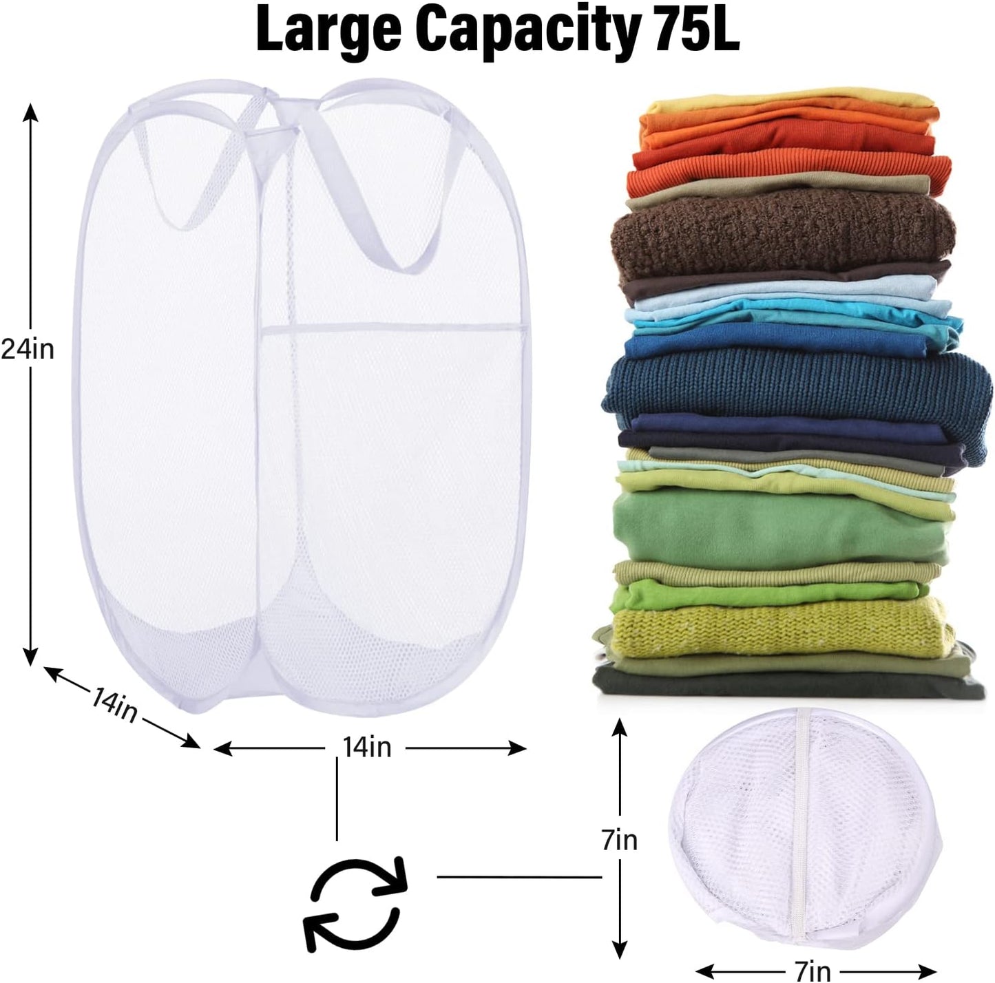BATTOO Deluxe Strong Mesh Pop up Laundry Hamper Basket with Side Pocket for Laundry Room, Bathroom, Kids Room, College Dorm or Travel 2 Pack White