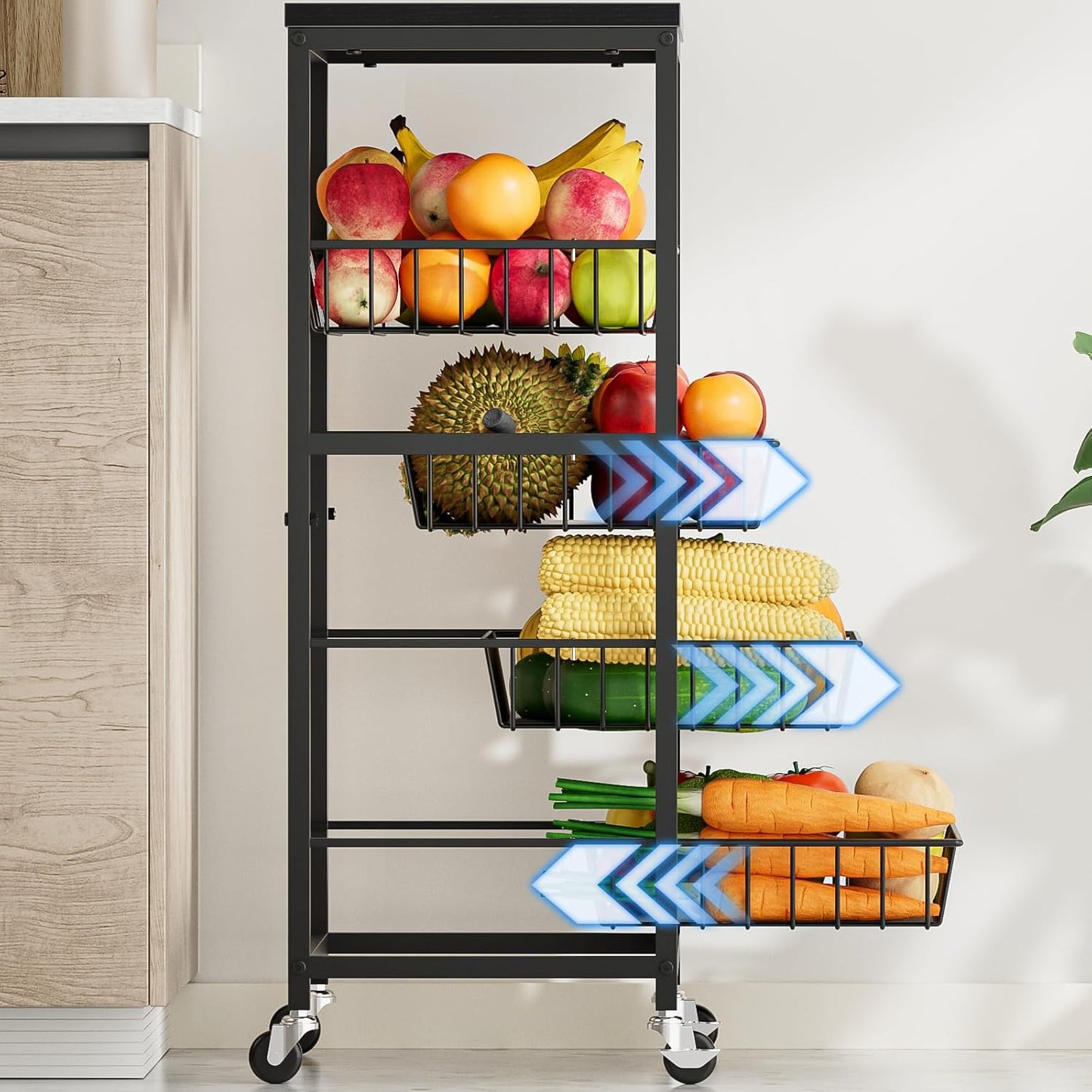 Snack Cart, 5-Tier Kitchen Carts on Wheels with Storage,Fruit Basket Stand with Pull-Out Baskets and Wood Top,Kitchen Organizer for Fruit Vegetable Snack (Black)