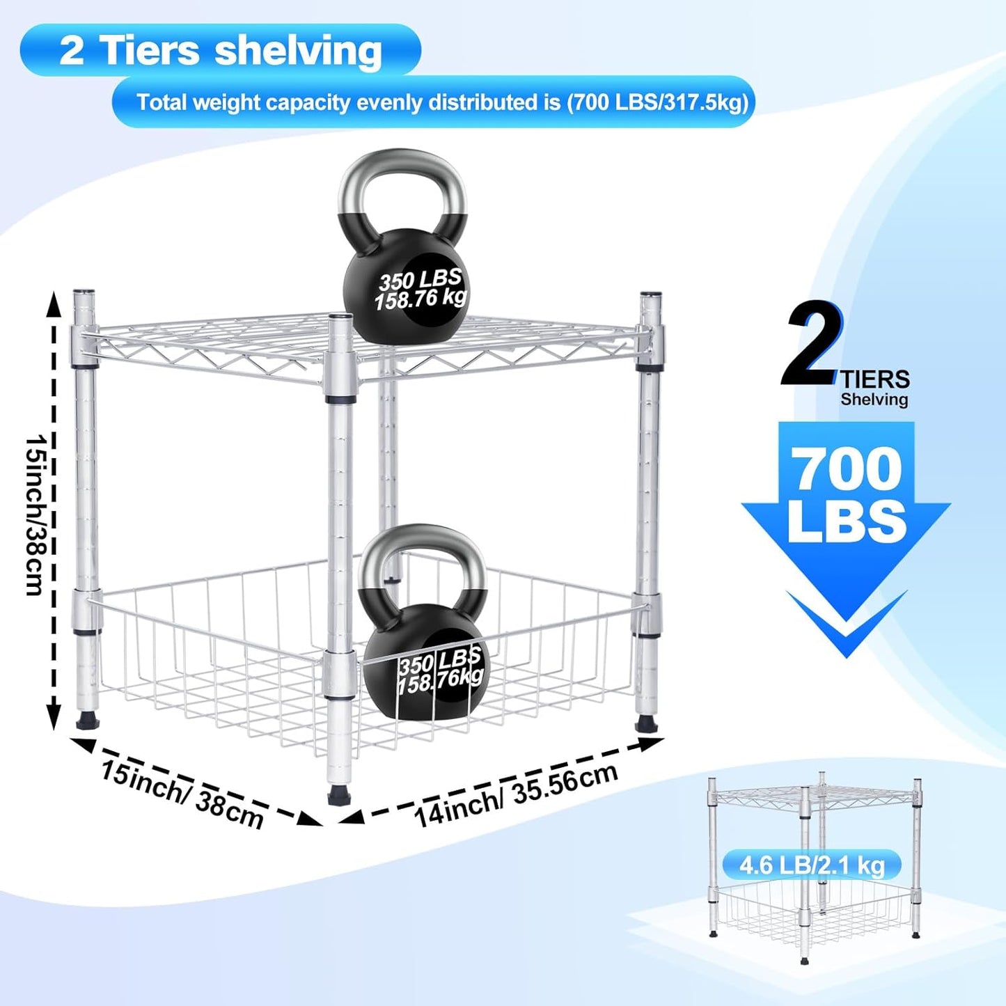 Whitmor 2 Tier Metal Storage Shelves, Heavy Duty Shelf with Basket, 350 lbs Capacity per Shelf, 700 lbs Total, Home Organizer for Kitchen, Garage, Bathroom, 15" L x 14" W x 15" H, Chrome