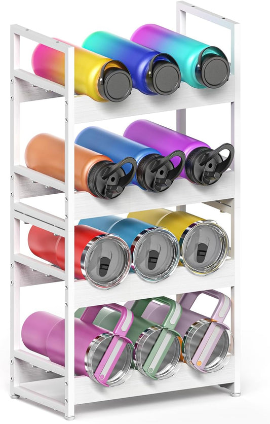 Wooden Water Bottle Organizer, 20/30/40oz Tumbler Organizer, Bottle Holder for Owala/Yeti/Stanley, Kitchen Pantry Water Bottle Storage Rack for Cabinets, Wood Wine Rack, 4 Tier Hold 12