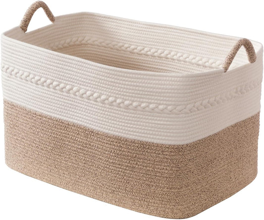 Extra large laundry basket woven from natural cotton rope with handles storage blankets for living rome big decorative quilted baskets for clothes toys pillows hamper 24"x16"x14" white/brown