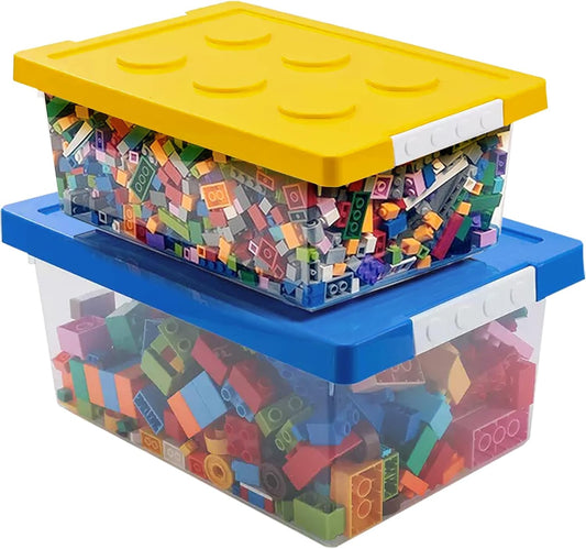 loobuu Plastic Storage Bins with Lids - Stackable Toy Storage Organizer Box Set of 2, Toy Chests with Compatible Building Baseplate and Lid, Storage Container for Building Bricks - Yellow+Blue