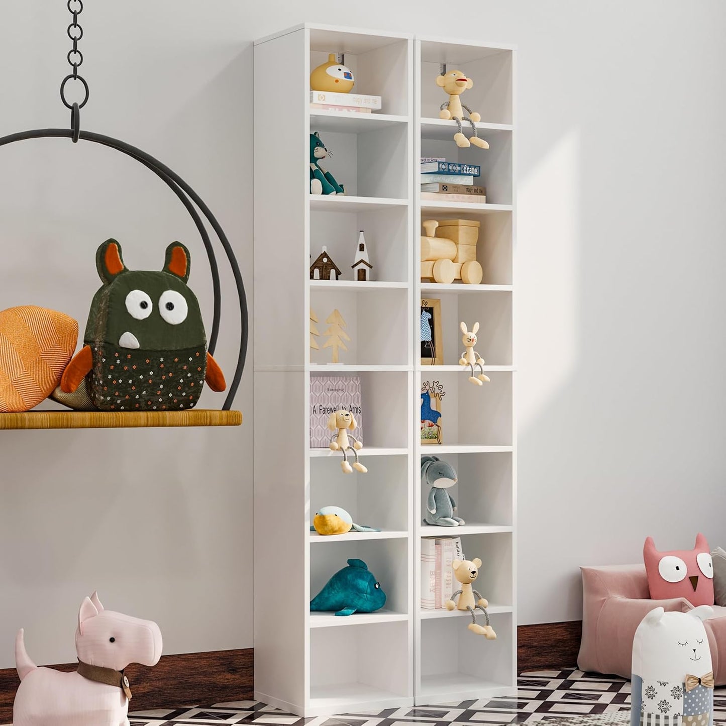 Wood Cube Storage Organizer White Bookshelf - 1-Tier Freestanding Storage Cabinet with Legs for Home Office, 8-Cubes Open Shelf