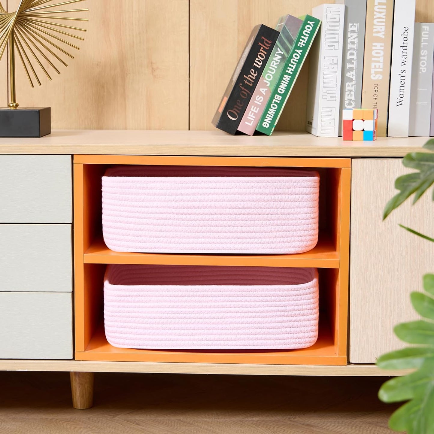 Large Shallow Organizing Baskets 15x11x5.1 Inches - Rope Woven Storage Bins for Bathroom, Shelves, Cube Closet, Light Pink 3 Packs