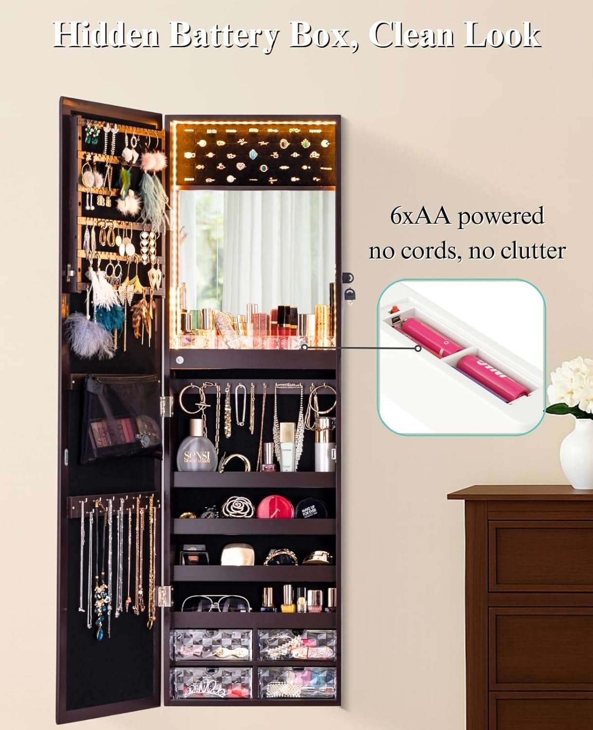 LUXFURNI Mirror Jewelry Cabinet 79 LED Lights Wall-Mount/Door-Hanging Jewelry Armoire with Mirror, Lockable Storage Organizer w/Drawers, Brown