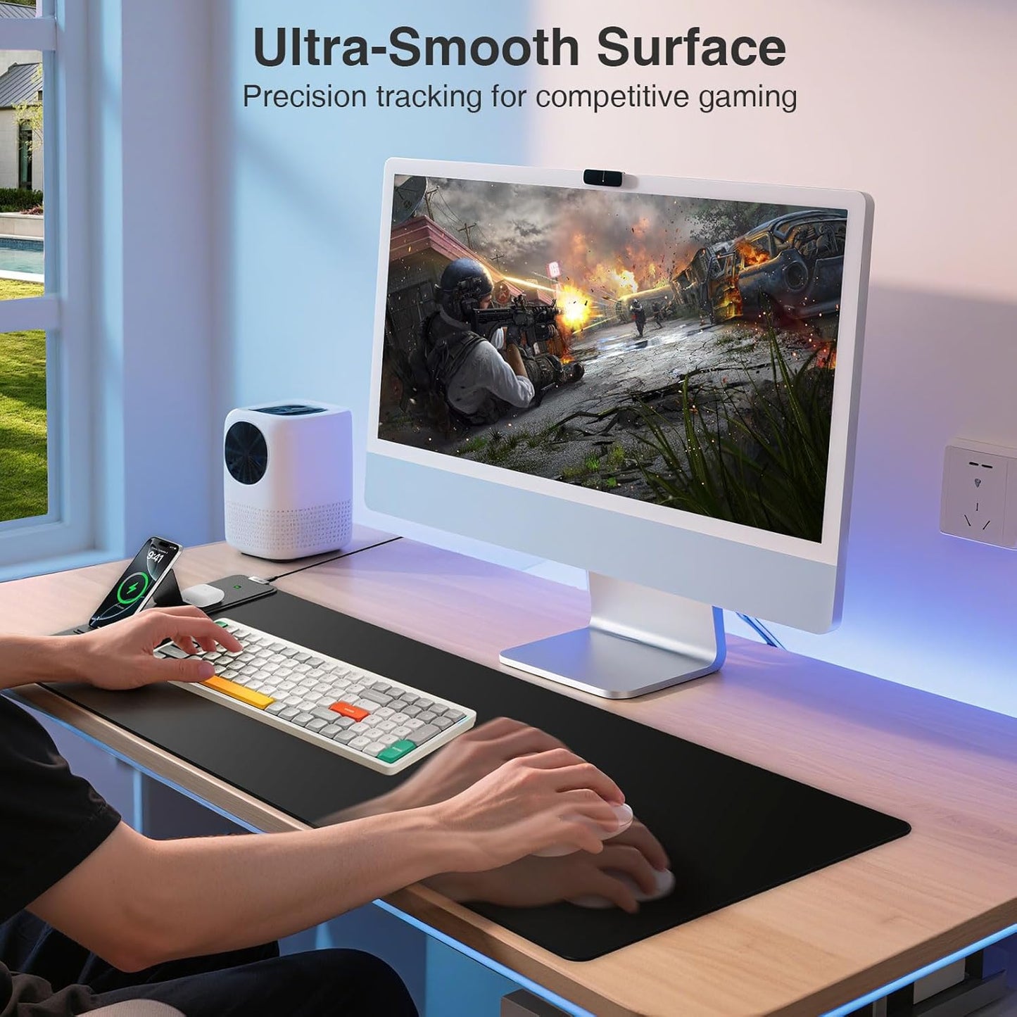 Wireless Charging Mouse Pad with Foldable Phone Holder, 31.5"x15.8" Extended Desk Mat for Laptop/Keyboard, Waterproof Ultra-Smooth Surface, Non-Slip Base & 20W PD Adapter, Black