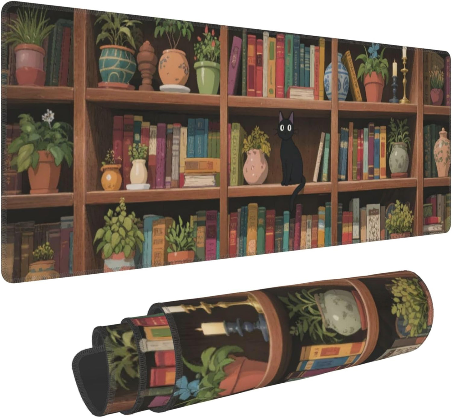 Bookshelf Cat Green Plants Large Mouse Pad, Anime Style Gaming Desk Mat, XL Keyboard Desk Pad Mat for Desktop, 31.5"x11.8" Non-Slip Base Big Mousepad with Stitched Edges