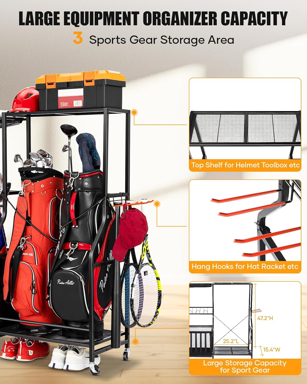 Garage Sports Equipment Organizer with Wheels - Golf Bag Storage Rack and Ball Storage Bins, Heavy Duty Rolling Garage Organizer System with Basket and Hooks for Indoor/Outdoor Sports Gear