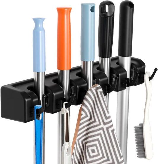 Broom and Mop Holder, Wall Mounted Organizer Mop and Broom Storage Tool Rack with 5 Ball Slots and 6 Hooks (1Pack)